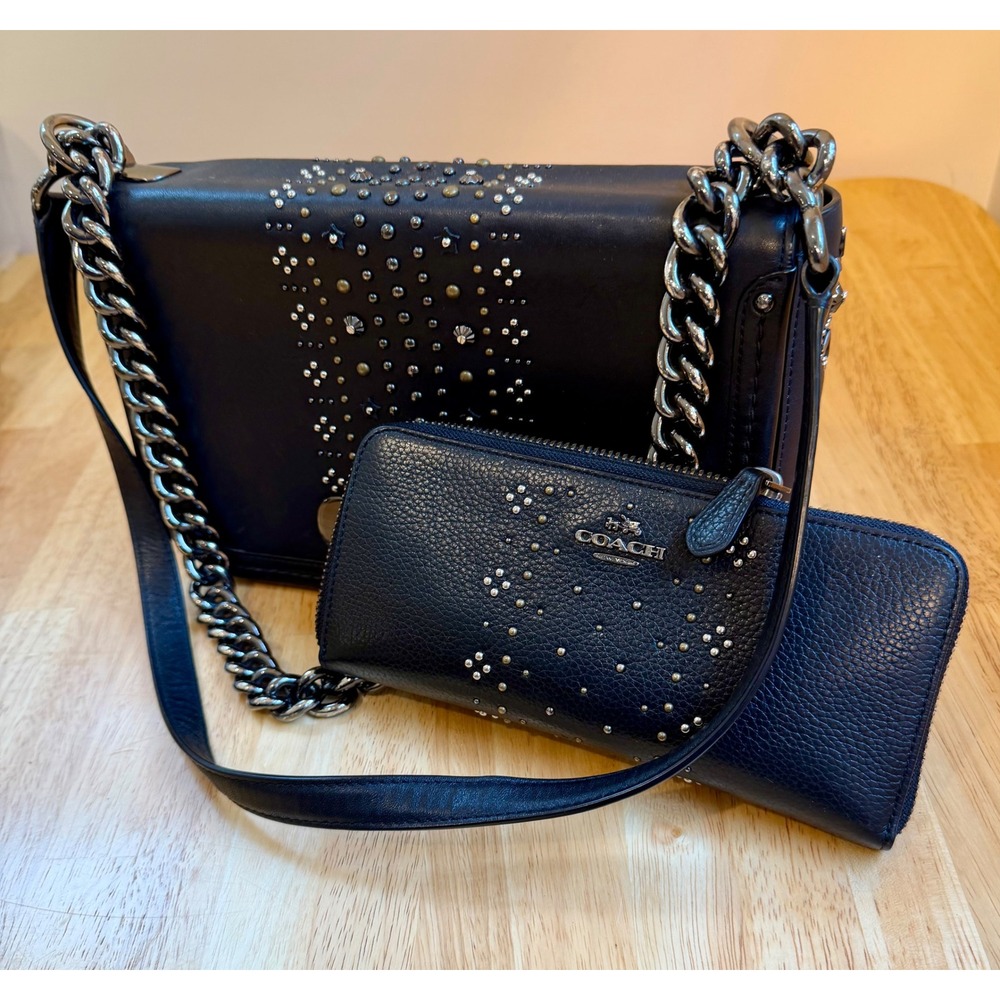 Coach Navy Leather Studded Handbag and Matching Zip Around Wallet Set